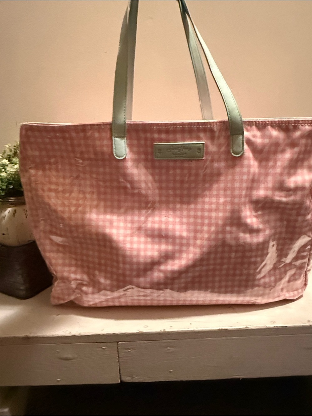 SweetHoney Pink Gingham Tote with Light Blue Handles